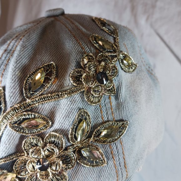 Natalie Mills Flora Rhinestone Baseball Cap Women's Hat Gray Distressed Denim - Picture 5 of 12